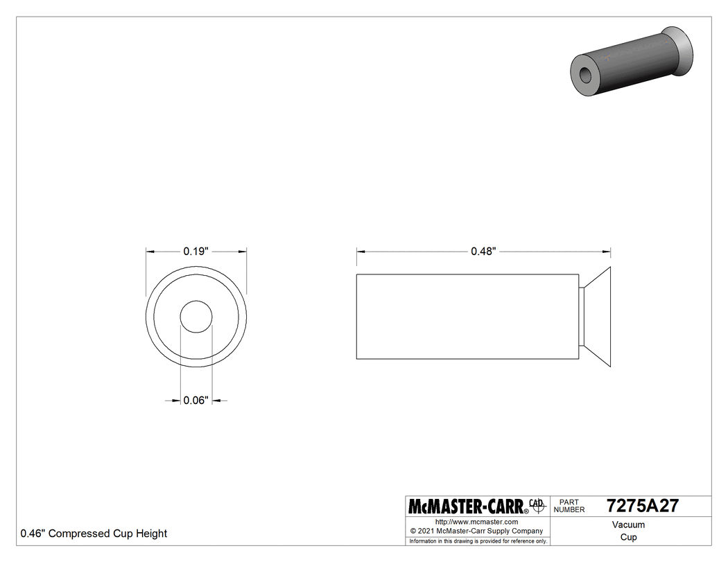 Technical Drawing of Vacuum Cup, Push-on, 0.190" Cup Diameter, 0.480" Cup Height.